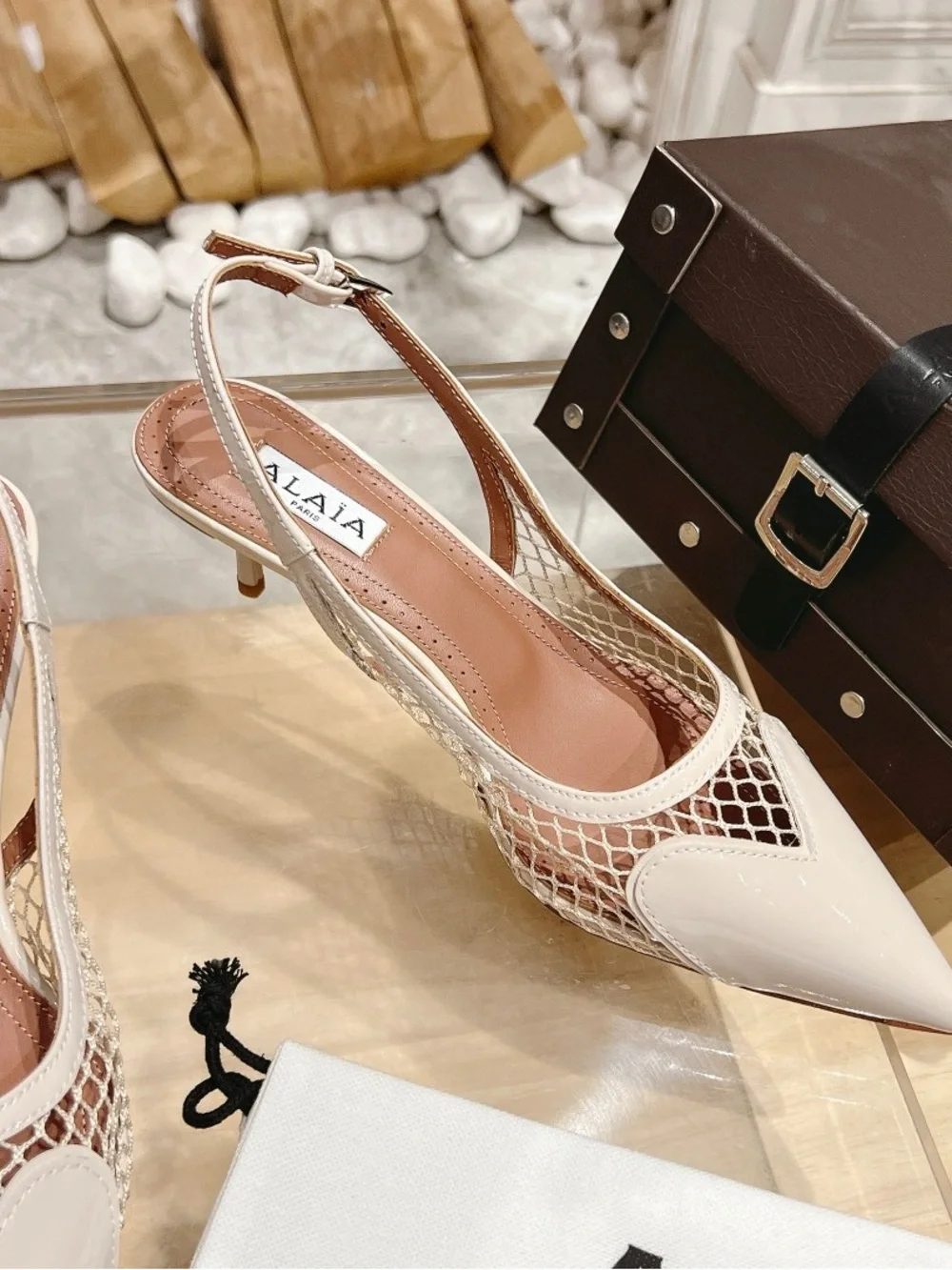 Alala Cream Patent Mesh Pointed Slingback Heels